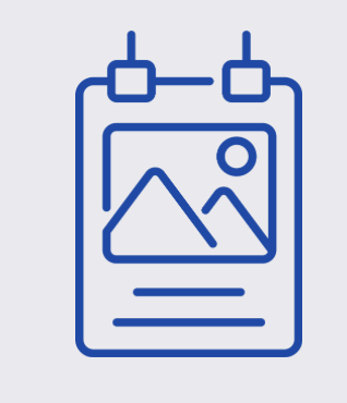 Icon of a mounted photo or poster with a landscape image of mountains and a sun.