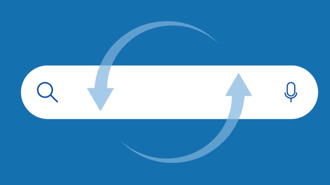 Search bar with magnifying glass icon on the left and microphone icon on the right, with circular arrows indicating voice search and text input exchange.