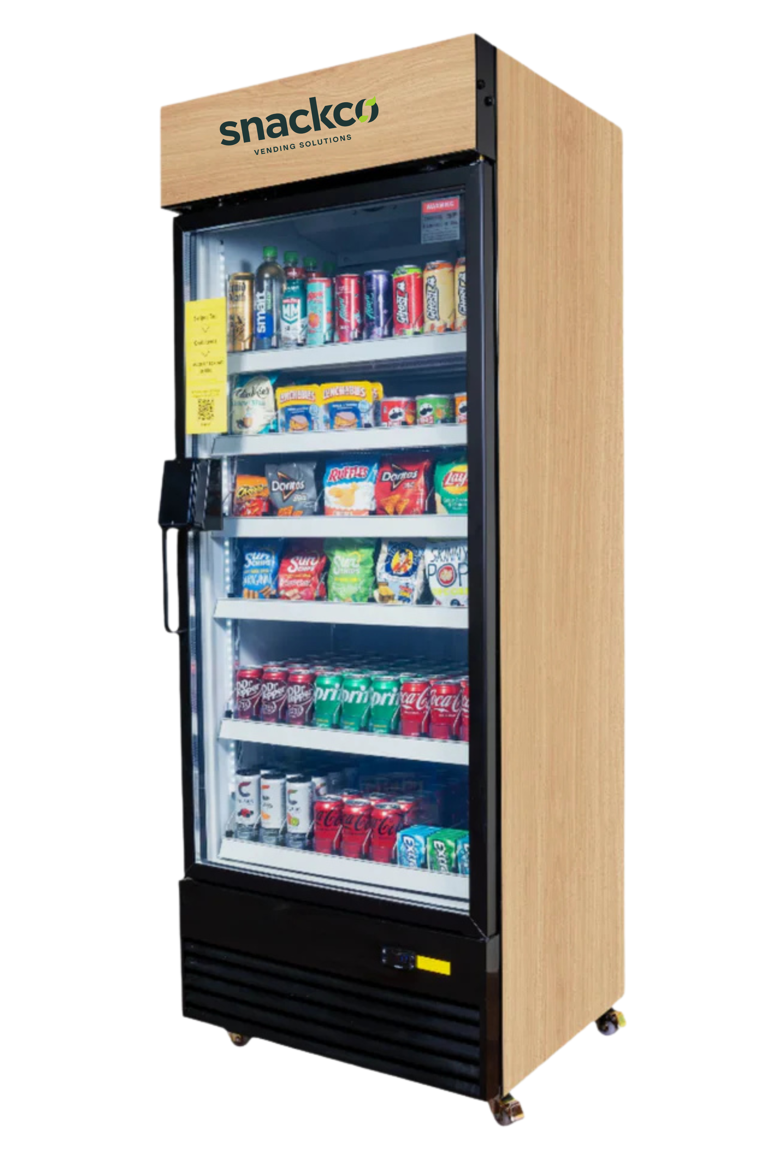 A vending machine with a wooden exterior labeled 'snackco' at the top, stocked with various snacks and beverages behind glass.
