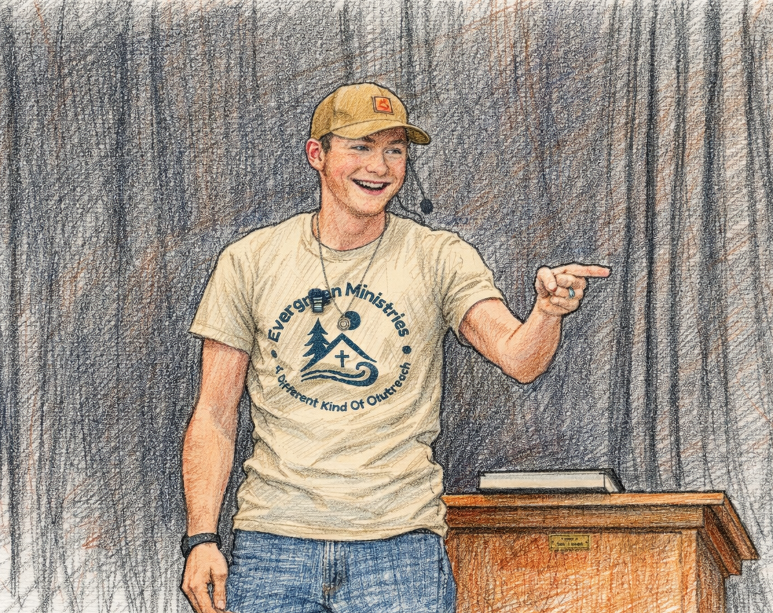 A young man wearing a beige T-shirt with the logo of Evergreen Ministries and a beige baseball cap, smiling and pointing to the right while standing in front of a gray curtain, with a small wooden podium nearby.
