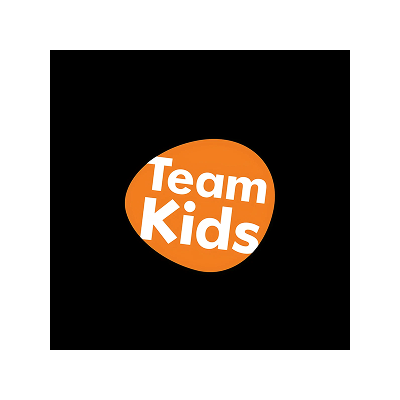 A circular orange logo with the words "Team Kids" written in white inside it, on a black background.