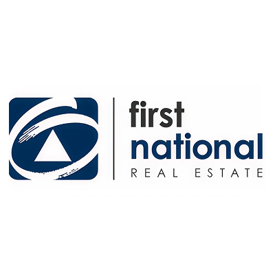 First National Real Estate logo with stylized mountain, house, and sunset design.