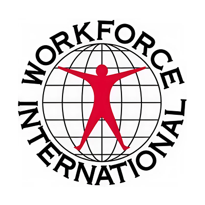 Logo of World For Global International featuring a human figure in red with arms and legs extended, standing in front of a globe with latitude and longitude lines.