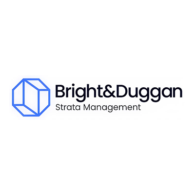 Bright & Duggan Strata Management logo with a blue geometric hexagon icon on the left, black and gray text on a white background.