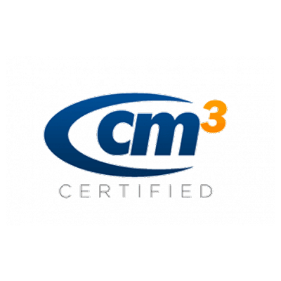 CM³ Certified logo with stylized text and a blue and orange color scheme.