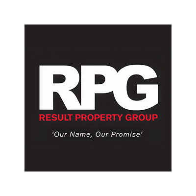 Logo of RPG Result Property Group with tagline 'Our Name, Our Promise' on black background