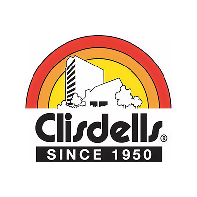 Clisdells logo featuring a stylized building with a rainbow background and the text 'Clisdells Since 1950'.