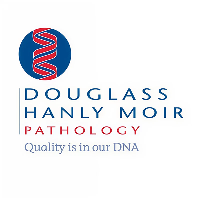 Logo for Douglass Hanly Moir Pathology, featuring a DNA helix icon, company name, and slogan 'Quality is in our DNA'.