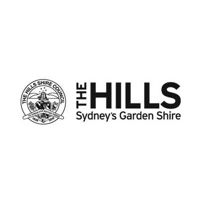 Logo for The Hills Shire Council with the text 'The Hills Sydney's Garden Shire' and a circular emblem featuring a shield and a tree.