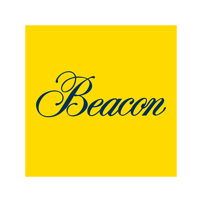 Yellow background with the word 'Beacon' written in dark blue cursive font