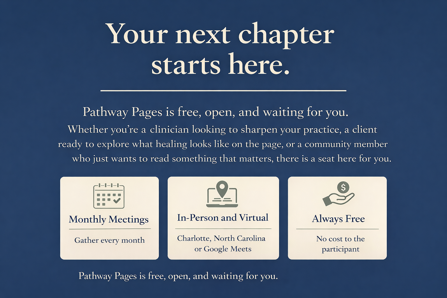 A promotional webpage for Pathway Pages with a blue background, white text, and three icons. The headline states, "Your next chapter starts here." The three icons represent Monthly Meetings, In-Person and Virtual meetings, and Always Free, with descriptions below each icon.