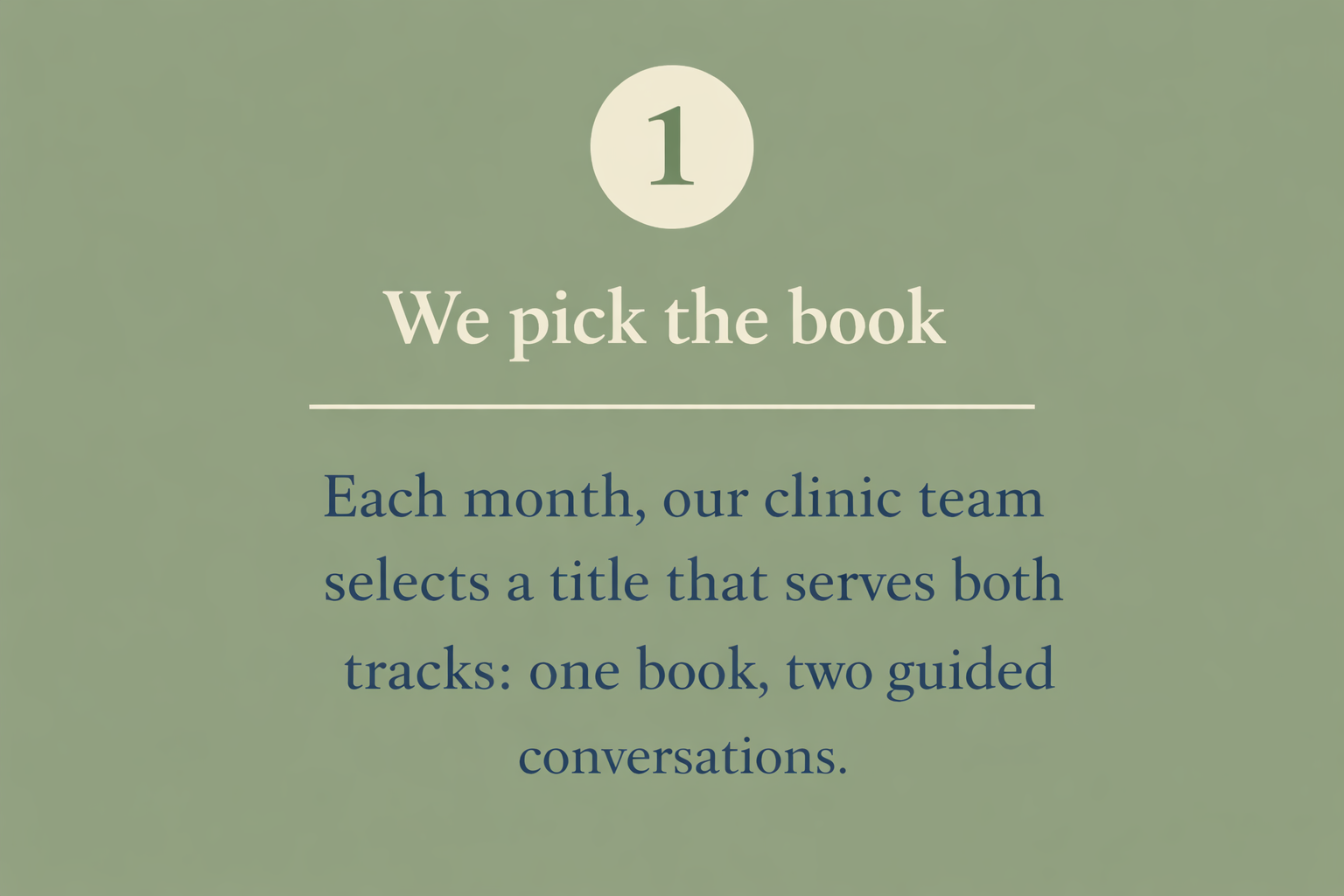 A welcome guide explaining the process of selecting a book for a clinical program, highlighting that each month, the clinic team chooses a title that serves both educational and conversational purposes.