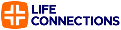Logo of Life Connections with an orange cross inside a circle, and the words 'LIFE CONNECTIONS' in blue.