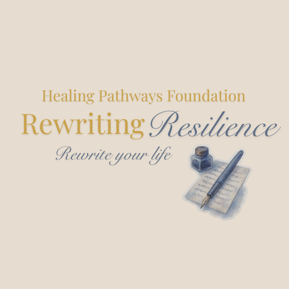 Logo for Healing Pathways Foundation with the words "Rewriting Resilience" and the tagline "Rewrite your life," featuring a pen, ink bottle, and handwritten paper.