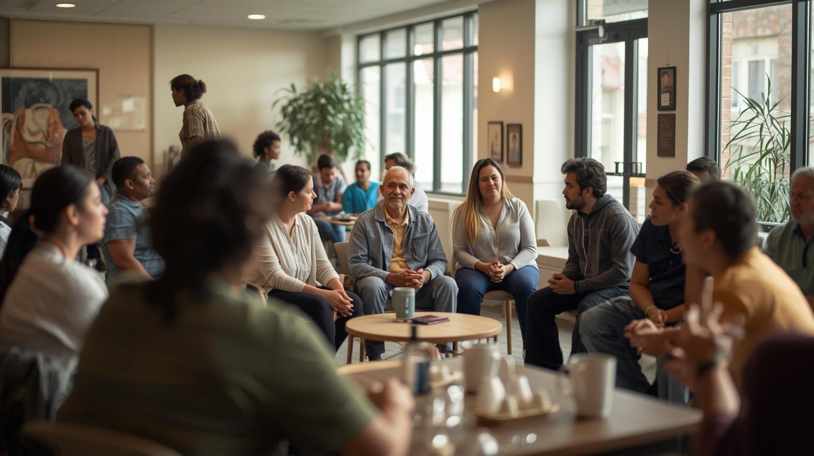 A diverse group of people seated in a circle having a discussion in a well-lit room with large windows, plants, and artwork on the walls.