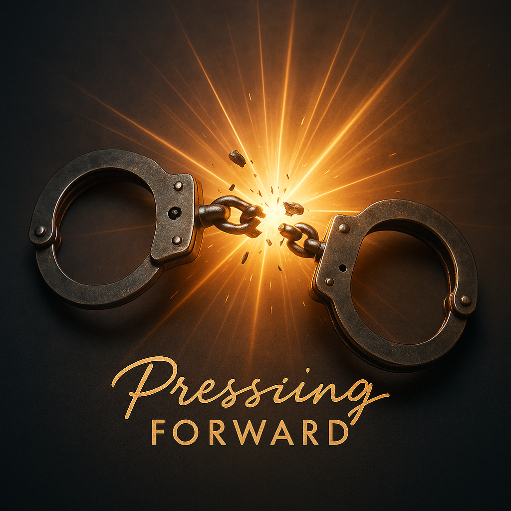Broken handcuffs with sparks flying, symbolizing breaking free or overcoming obstacles, with the text "Pressing Forward" underneath.