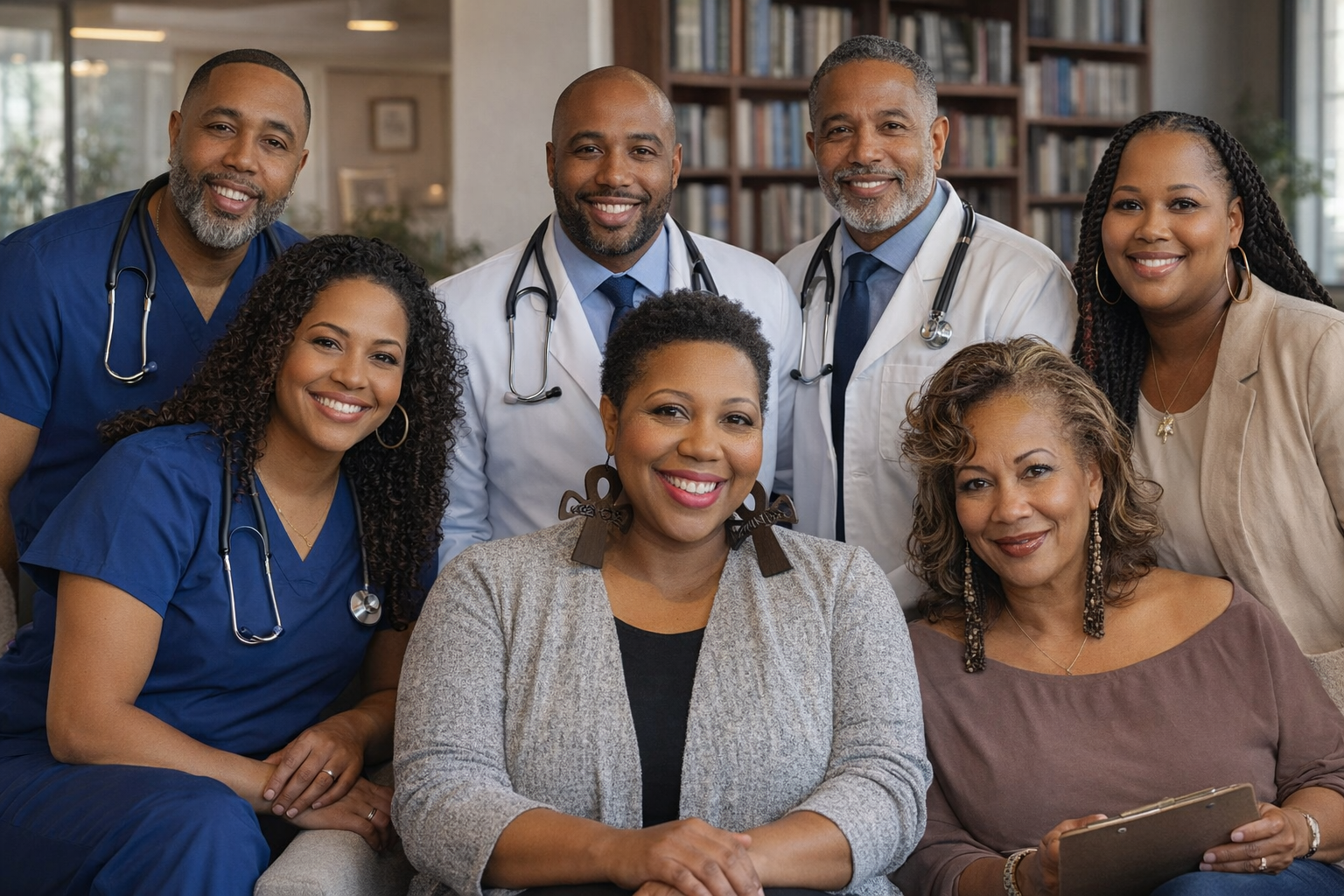Group of diverse mental health clinicians and medical professionals smiling and gathered in an office setting