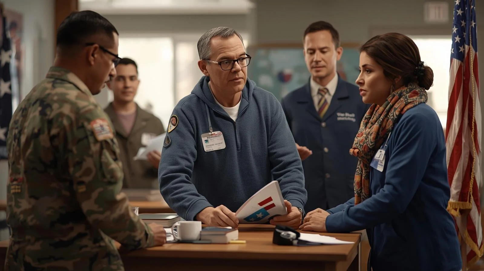 Group of healthcare workers and military personnel in a discussion, with an American flag in the background.
