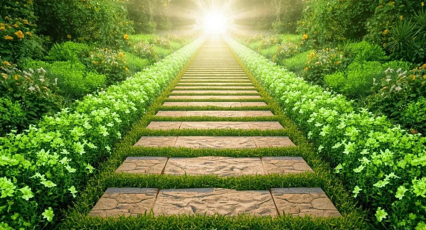 A stone pathway through a lush green garden with yellow flowers and sunlight at the end.