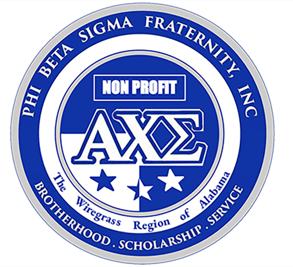 A circular emblem with a blue and white color scheme, featuring the Greek letters Alpha Delta Chi, the words 'Non Profit,' and the name 'Phi Beta Sigma Fraternity Inc.' It also mentions 'The Wiregrass Region of Alabama,' 'Brotherhood,' 'Scholarship,' and 'Service'.