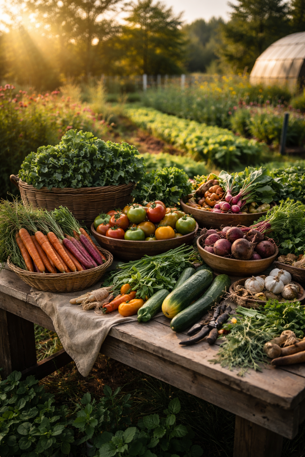 Fresh vegetables displayed on a rustic wooden table outdoors at sunset, including carrots, heirloom tomatoes, zucchini, radishes, garlic, and leafy greens, with a farm field in the background.