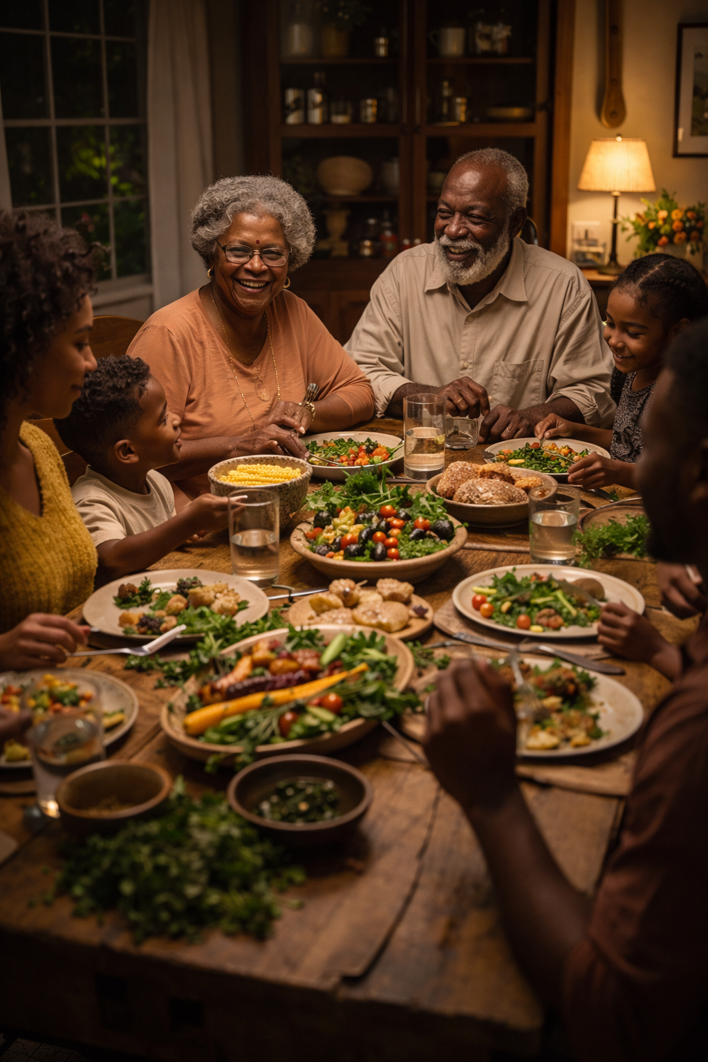 Family gathered around a dinner table with a variety of salads and dishes, smiling and enjoying each other's company in a cozy home setting.