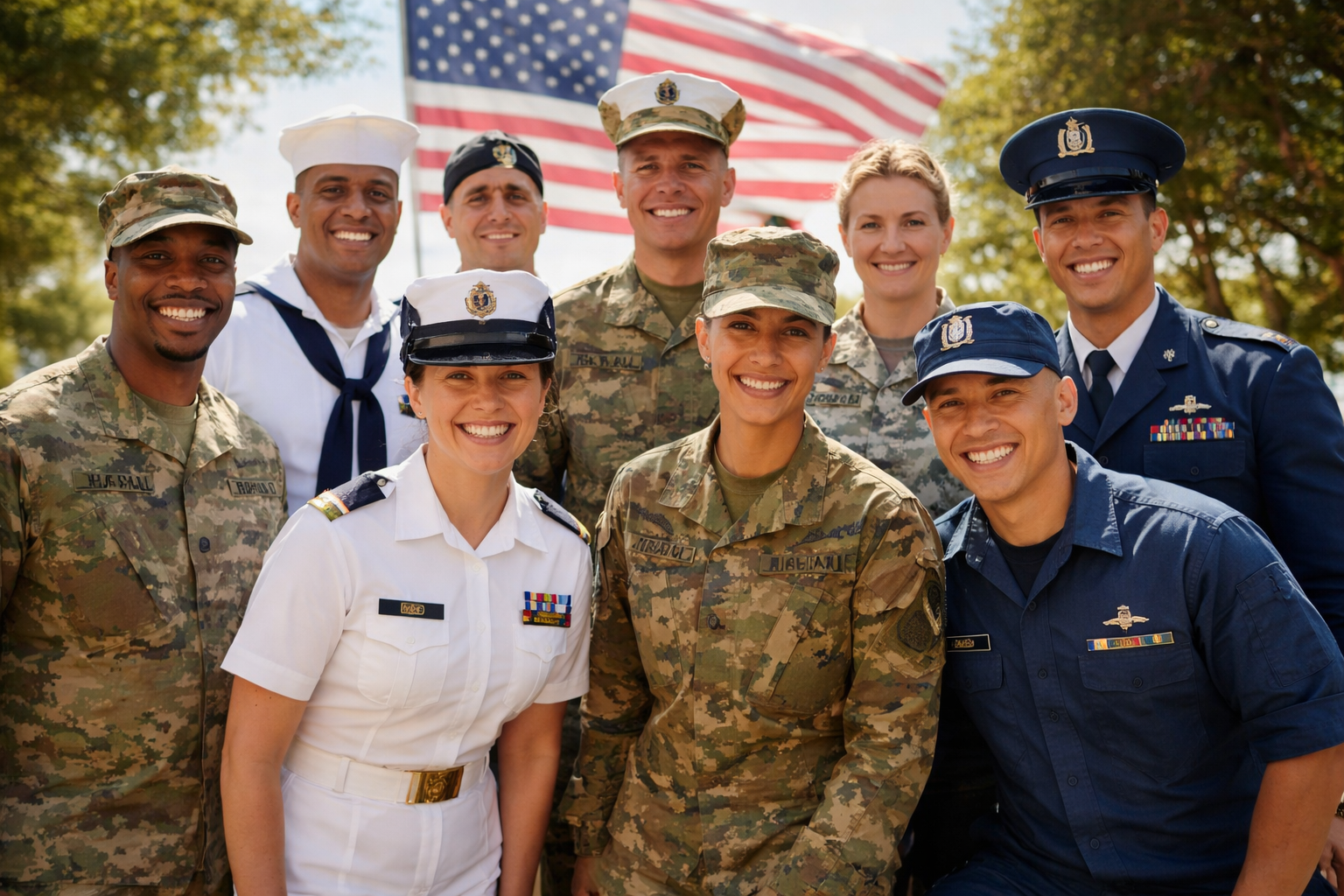 Group of diverse military personnel in uniform smiling outdoors with American flag in background.