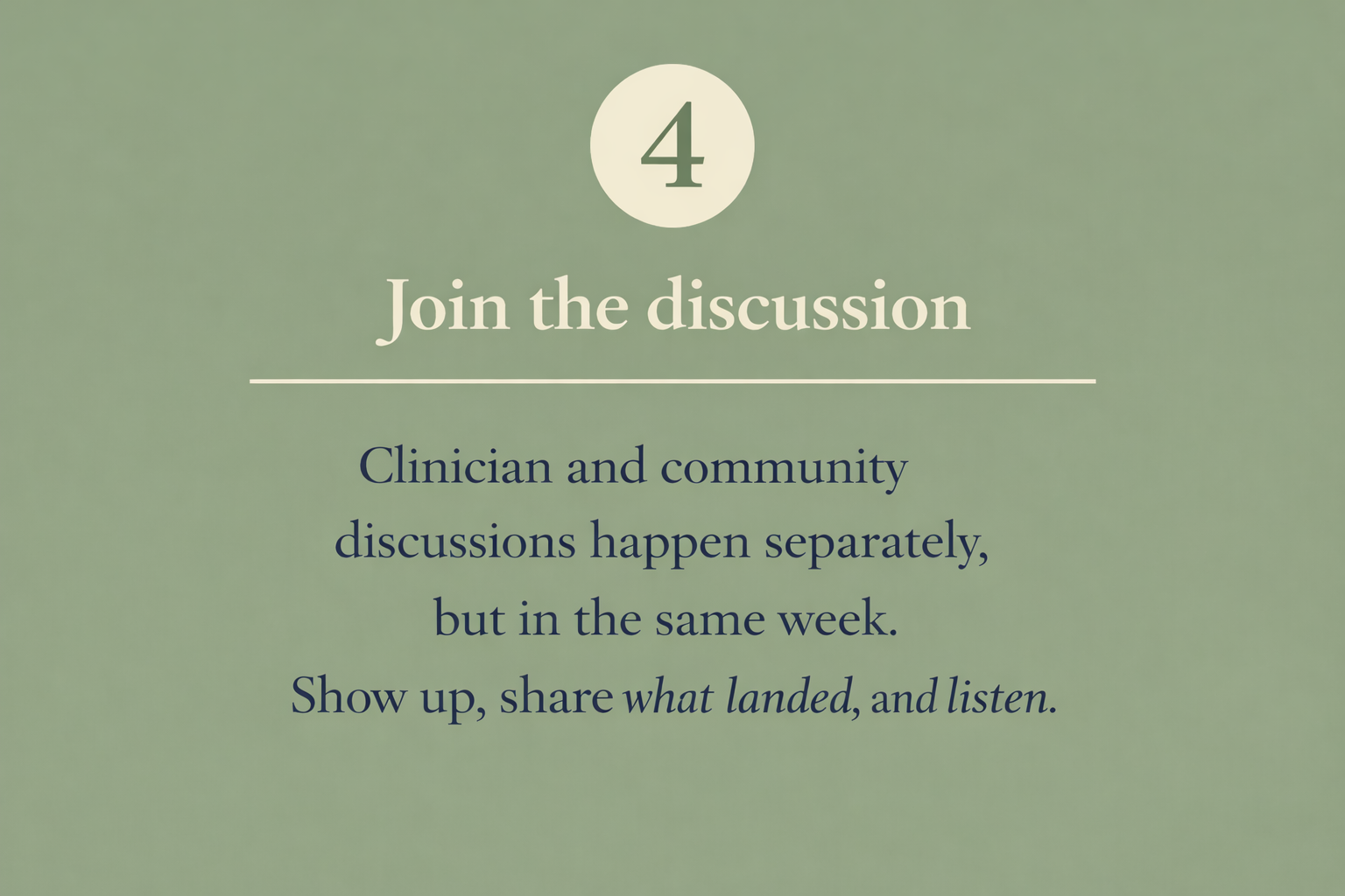 Number 4 in a circle with the text 'Join the discussion' and instructions to participate in clinician and community discussions separately but within the same week, and to show up, share, and listen.