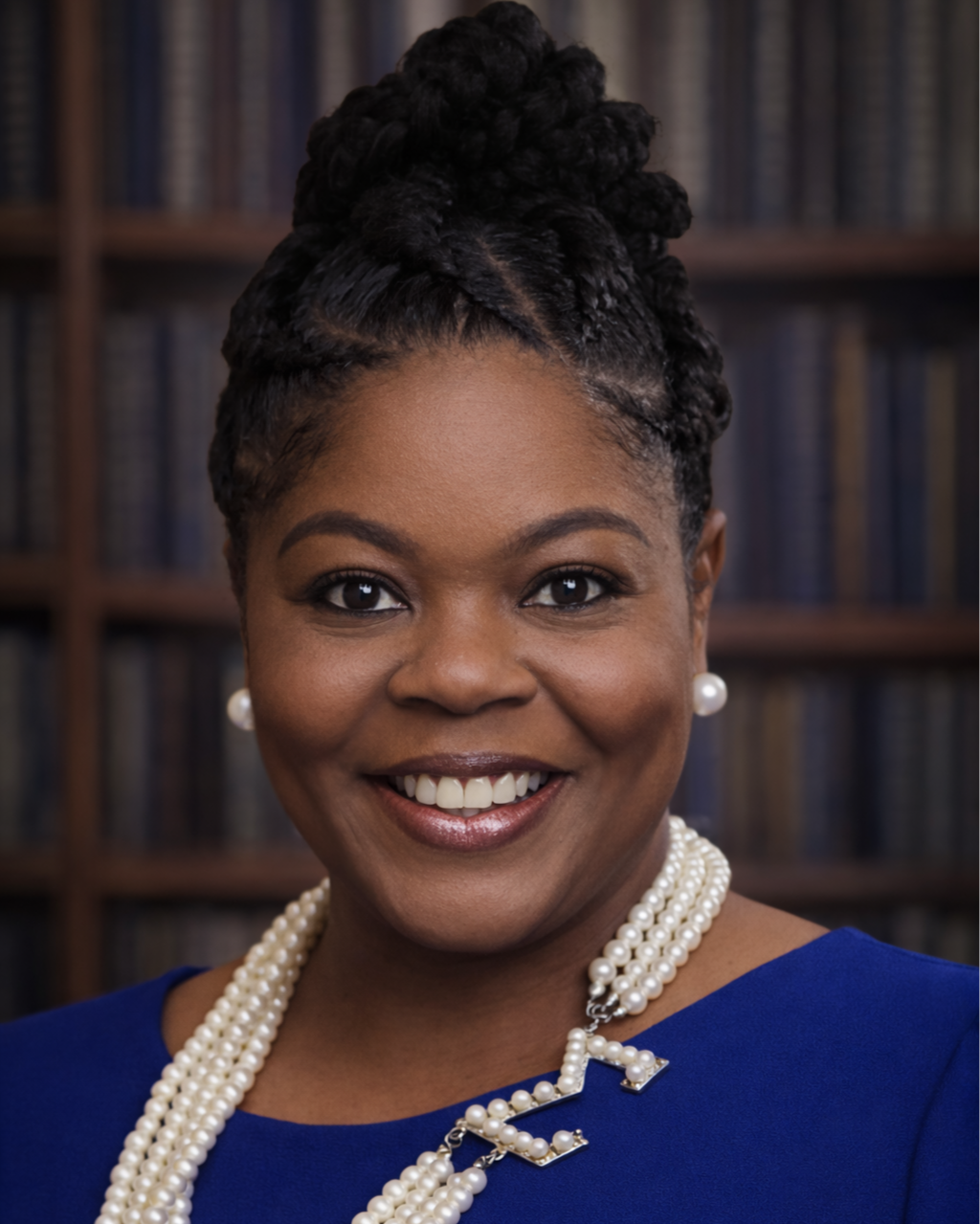 A woman smiling, wearing pearl earrings, a multi-strand pearl necklace, and a blue top, with a background of bookshelves filled with books.