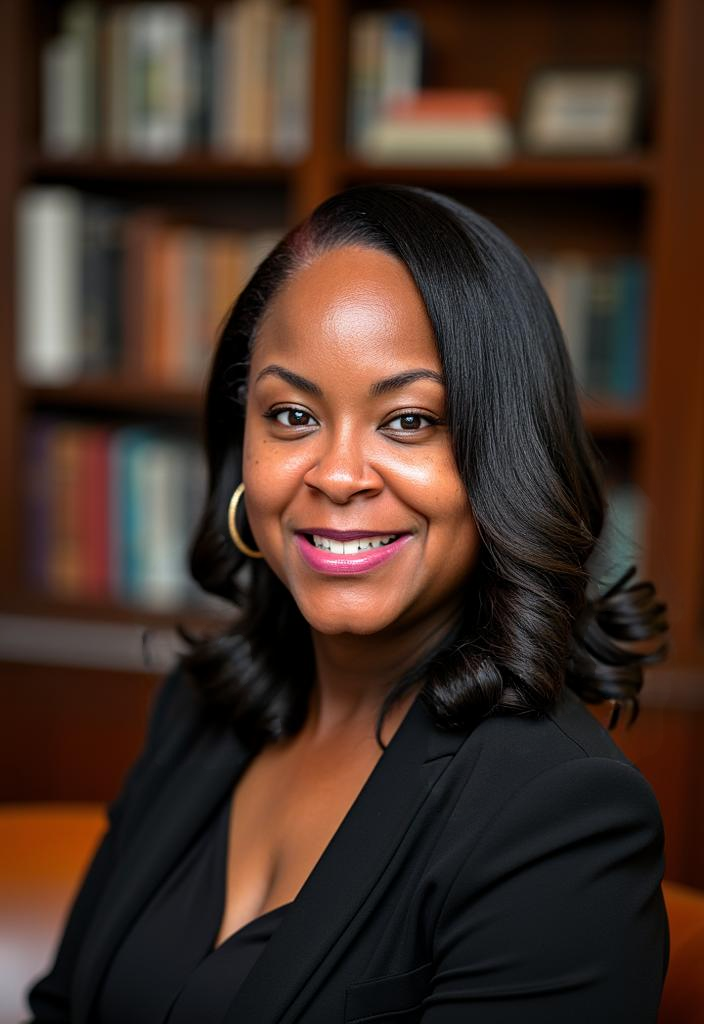 A professional woman smiling, with black hair styled in loose curls, wearing gold hoop earrings and a black blazer, in front of a bookshelf with books.