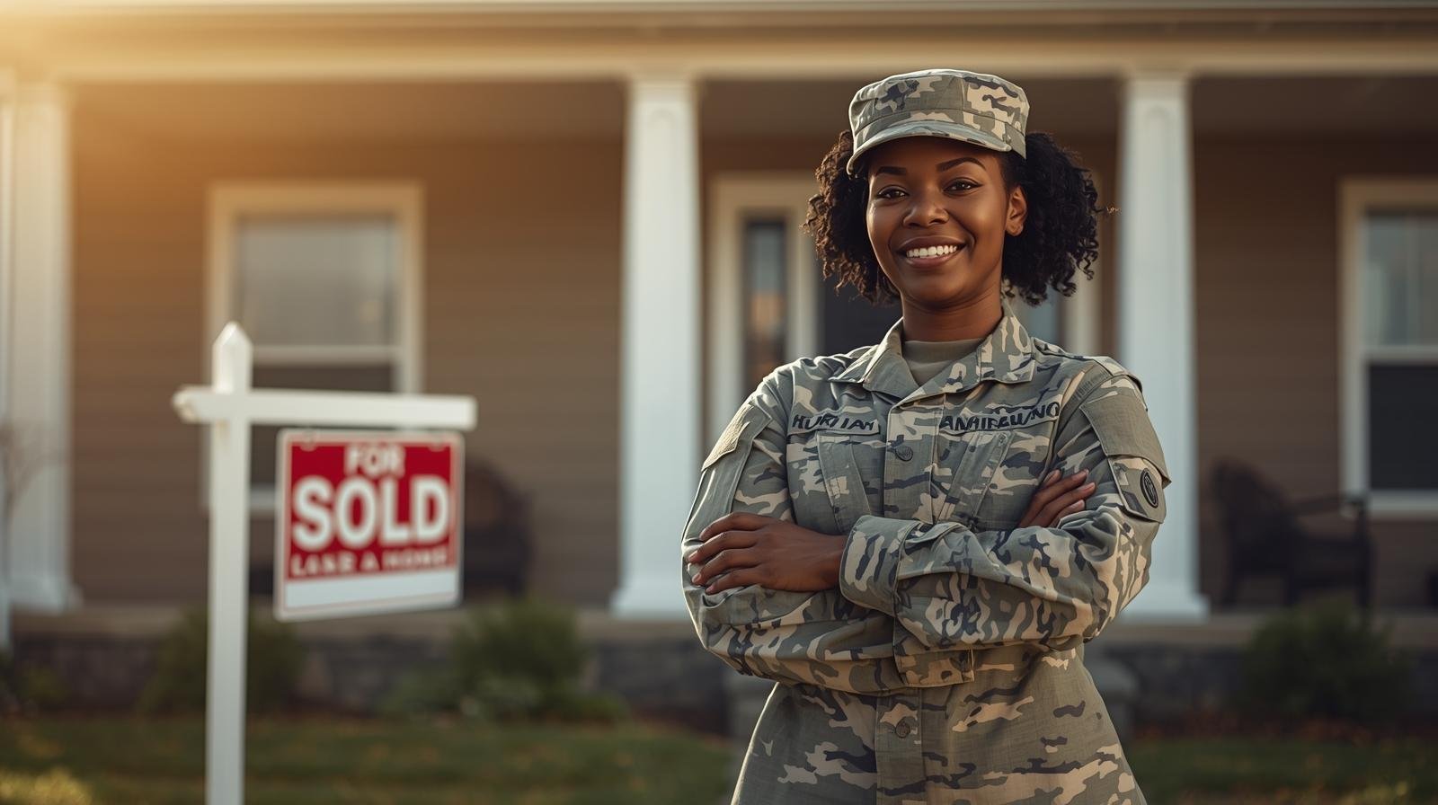A young woman in military uniform standing in front of a house with a 'sold' sign in the yard, smiling with arms crossed.
