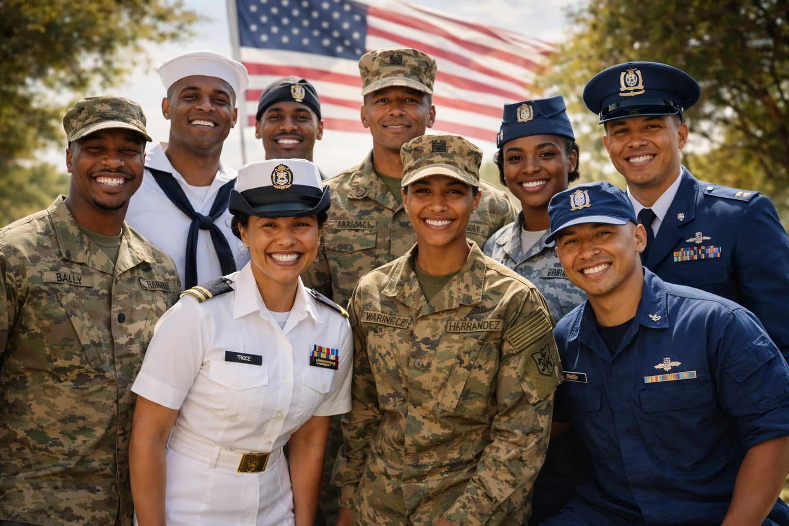 Group of diverse military personnel in uniform smiling outdoors with American flag in background