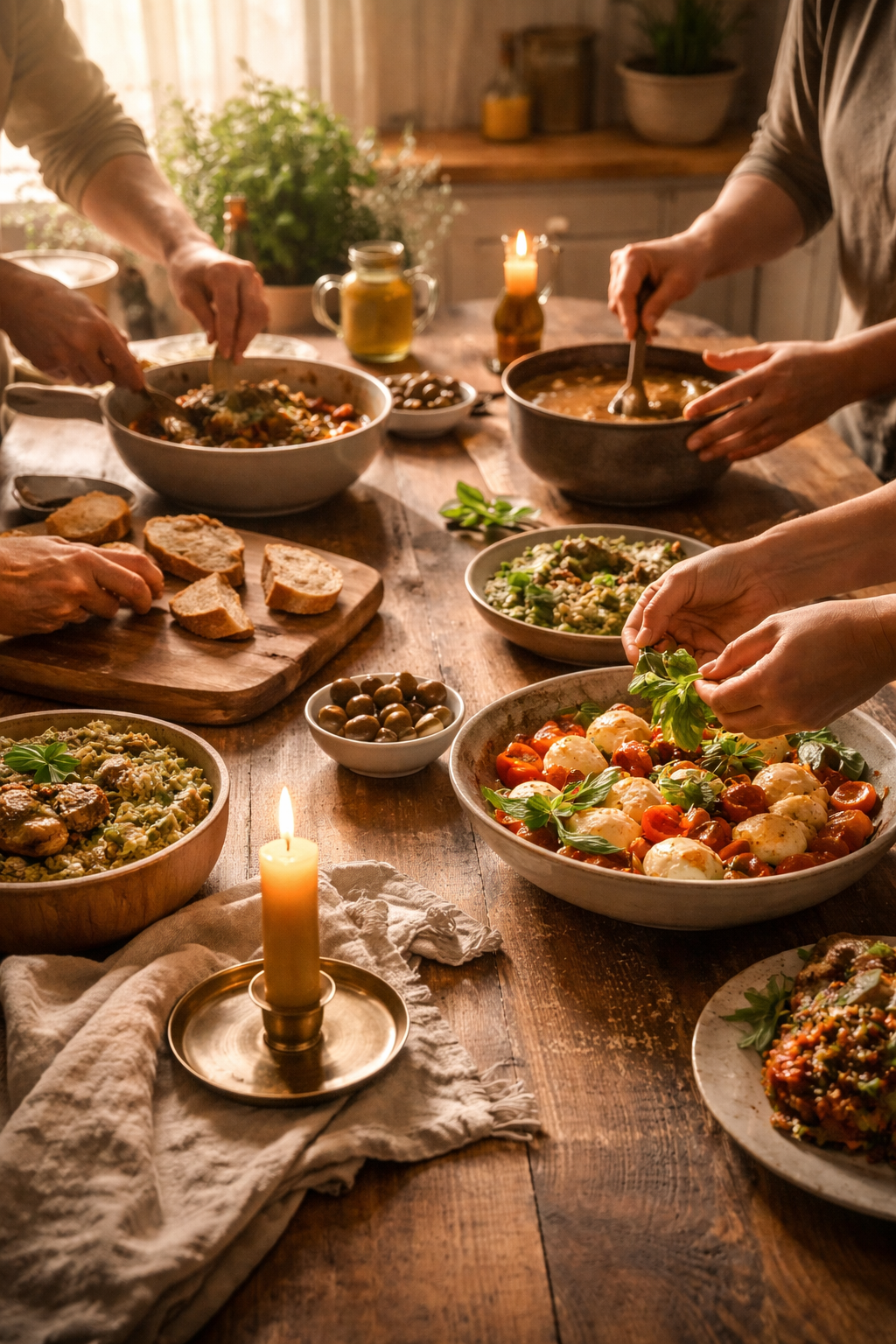 People serving themselves food from various bowls on a wooden table, with bread and candles, during a dinner gathering.
