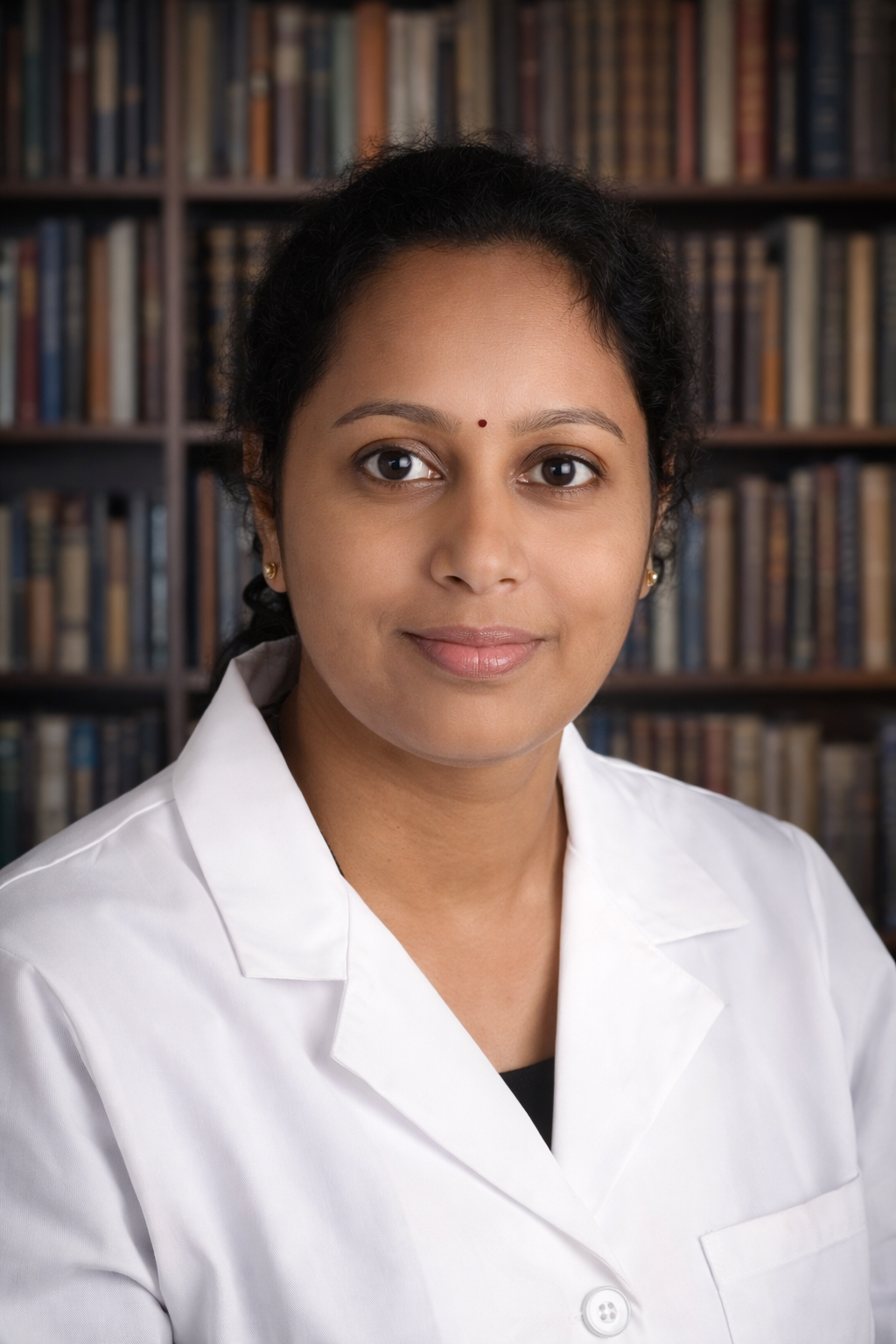 Close-up portrait of a woman with dark hair, wearing a white lab coat, standing in front of a bookshelf filled with books.