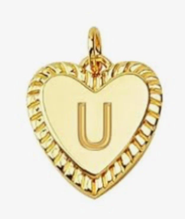 Gold heart initial charm pendant with engraved letter - U