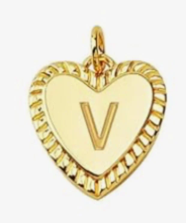 Gold heart initial charm pendant with engraved letter - V