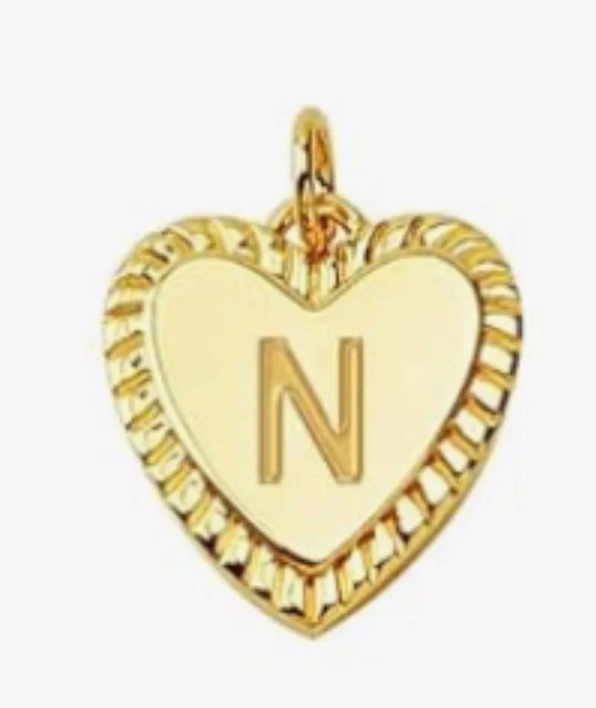 Gold heart initial charm pendant with engraved letter - N