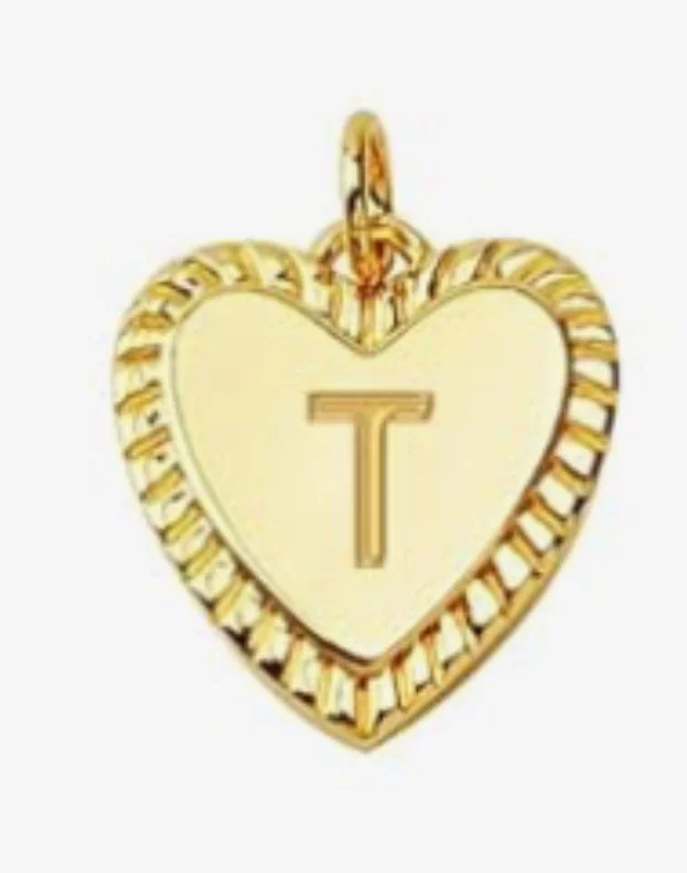 Gold heart initial charm pendant with engraved letter - T