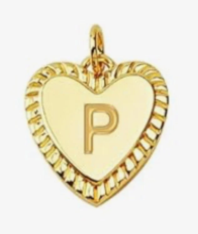 Gold heart initial charm pendant with engraved letter - P