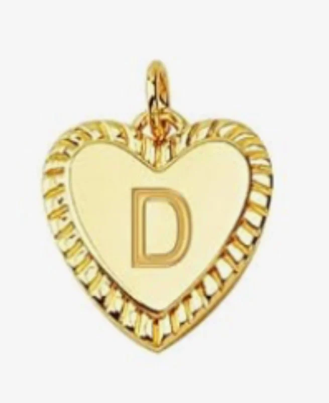 Gold heart initial charm pendant with engraved letter - D