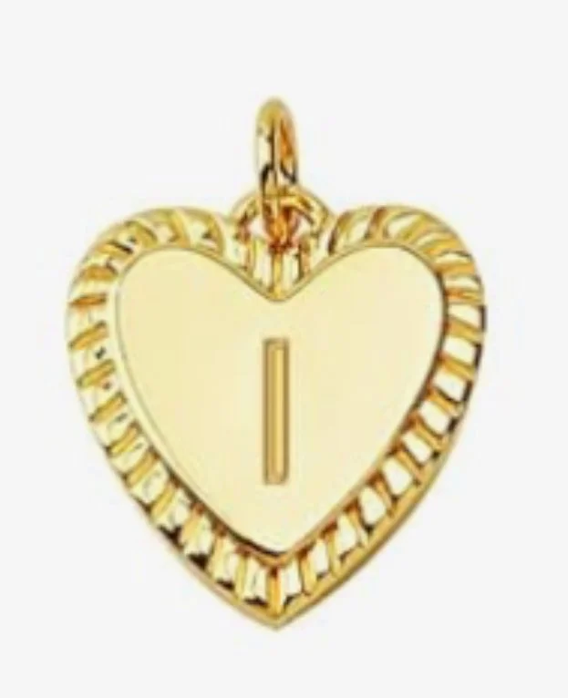 Gold heart initial charm pendant with engraved letter - I