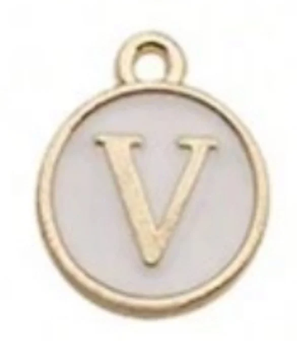 White letter initial charm — minimal neutral jewelry charm accessory - V