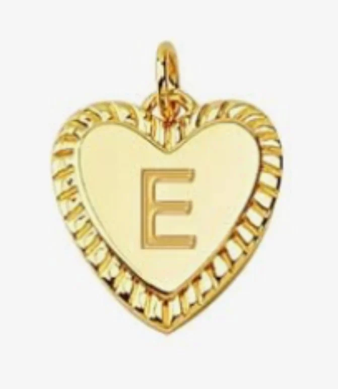 Gold heart initial charm pendant with engraved letter - E