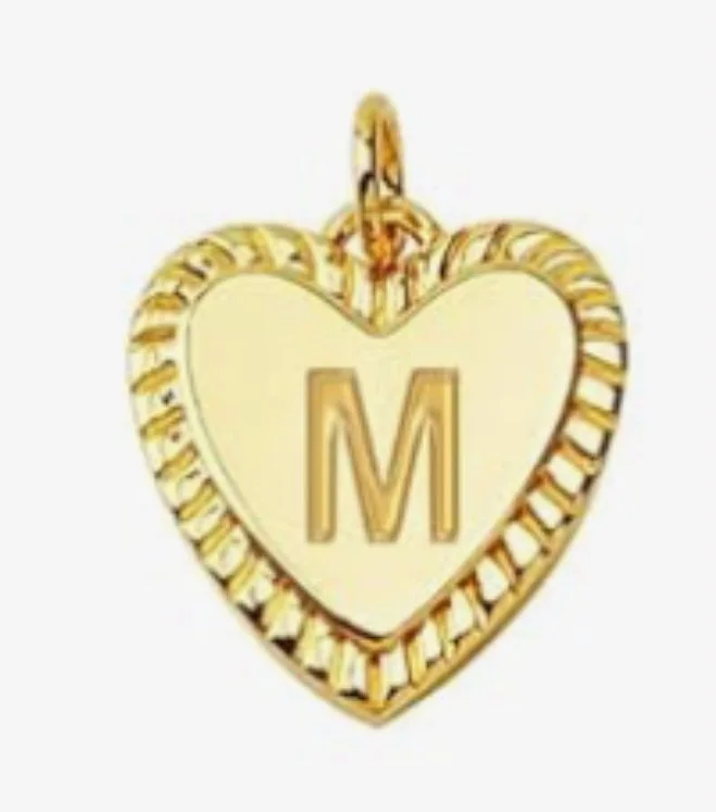 Gold heart initial charm pendant with engraved letter - M