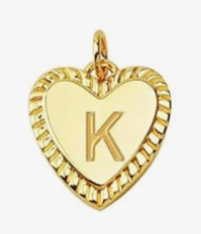 Gold heart initial charm pendant with engraved letter - K