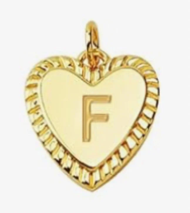 Gold heart initial charm pendant with engraved letter - F