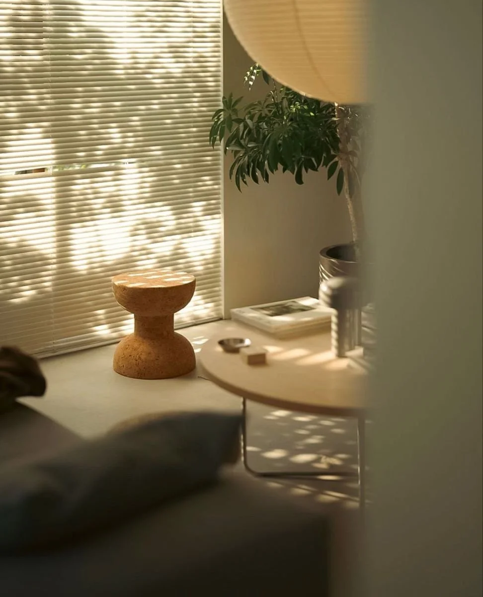 A cozy corner of a room with a beige window blind, sunlight casting shadows, a small table with magazines, a large potted plant, a cork stool, and a hanging lamp.