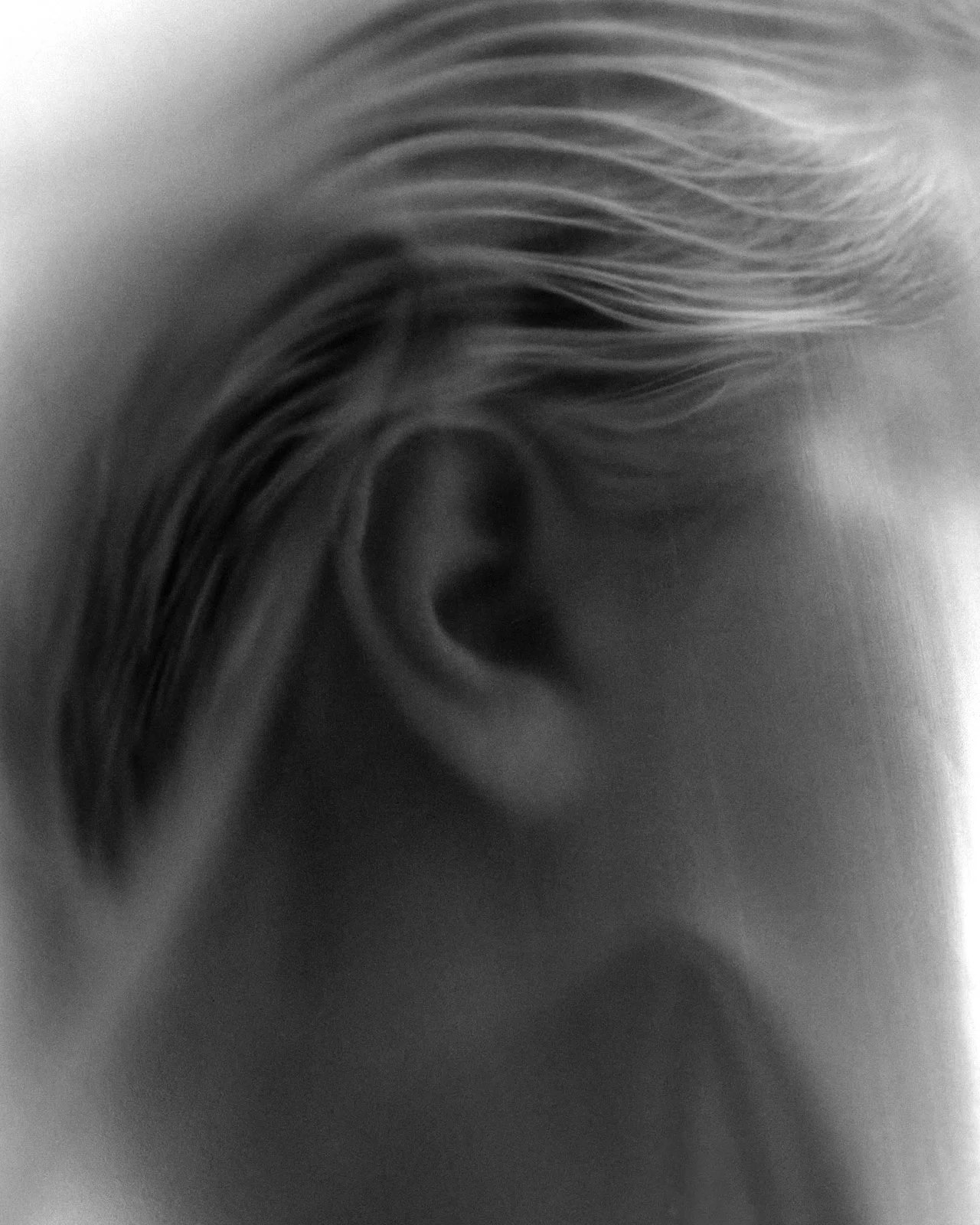 Close-up black and white photograph of a human ear with light-colored hair partially covering it.