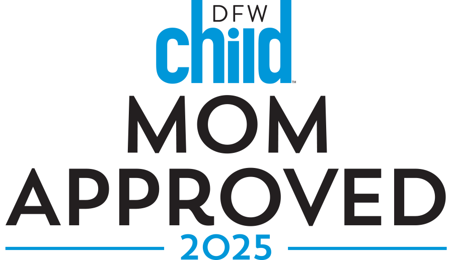 Text graphic with the words 'DFW child mom approved 2025', with 'child' and '2025' in blue, and the rest in black, with blue lines above and below '2025'.