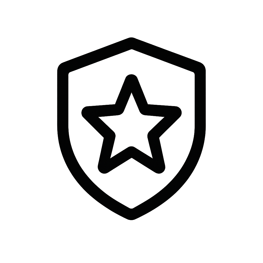 A black badge with a shield shape and a star in the center.